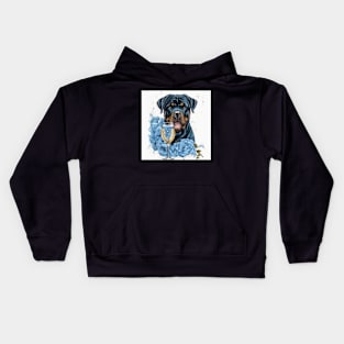 Rottweiler With Blue Roses Kids Hoodie